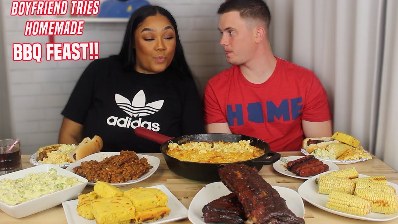 BOYFRIEND REACTS TO HOMEMADE BBQ FEAST RECIPE + MUKBANG