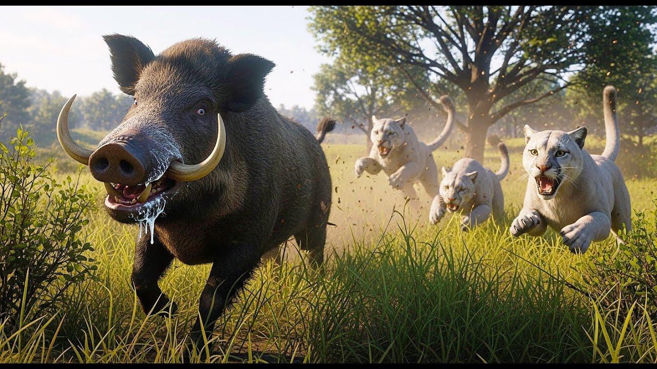 Epic Chase! Wild Boar Being Chased by Hungry White Cougars in the Open Wild