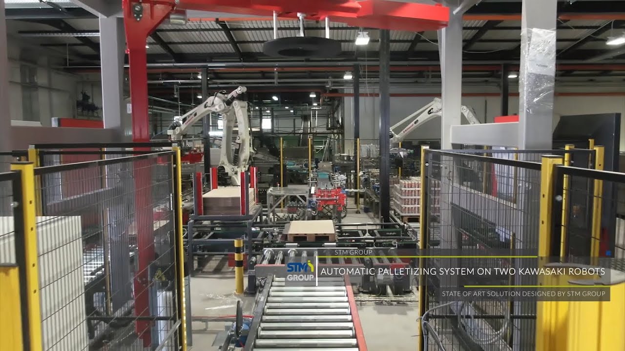 Automatic palletizing system on two Kawasaki robots - 4 functions for 3 lines!