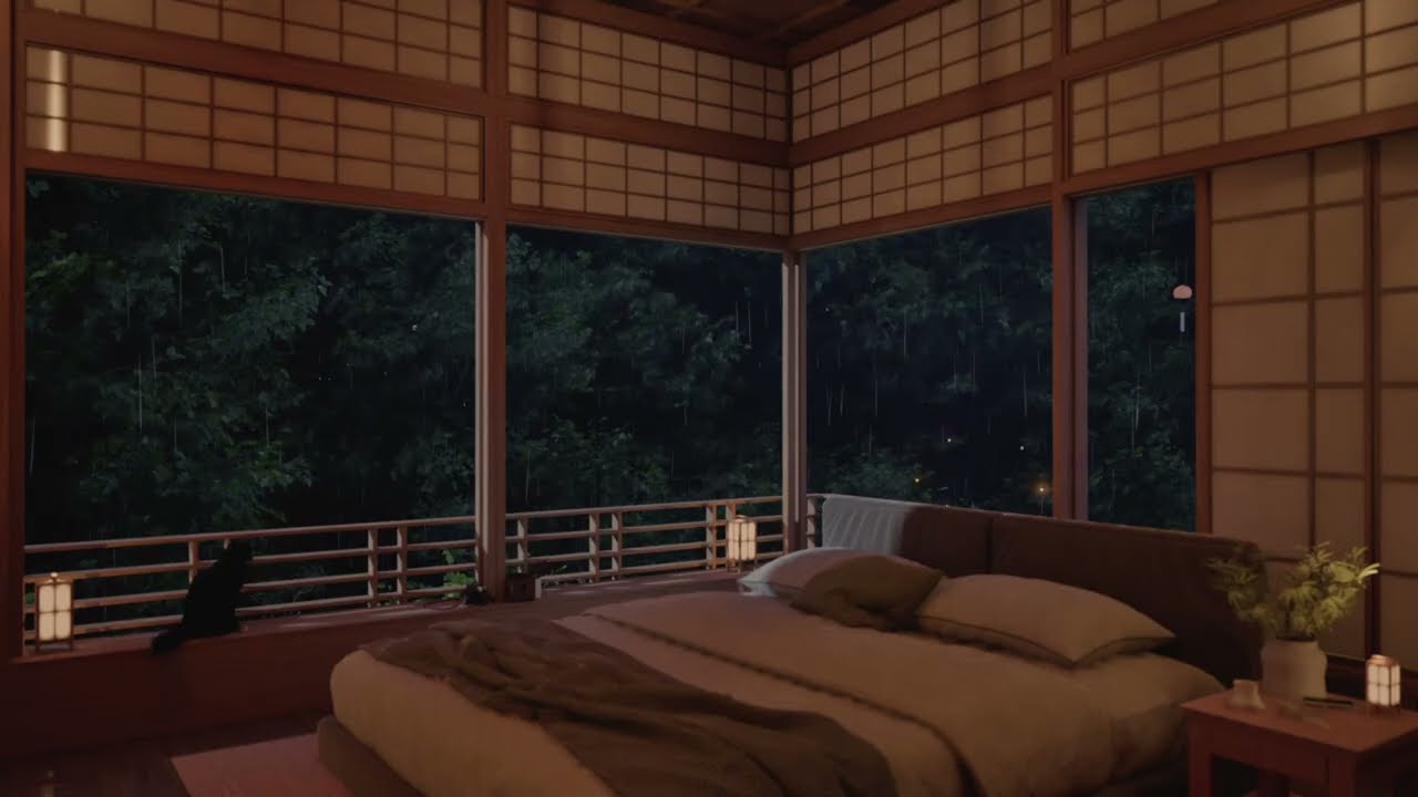 Heavy Forest Rain Outside a Japanese Room at Night 🌧️🌲 | Rain Sounds Ambience
