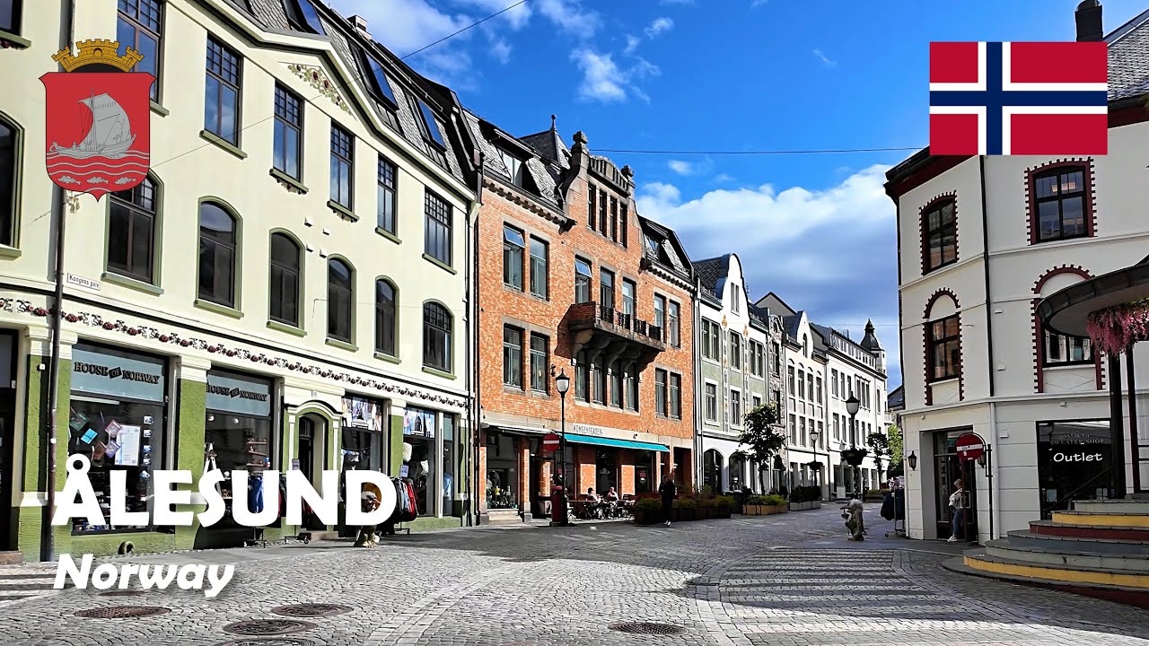 Ålesund, Norway. A walk from the city center to the waterfront. 4K