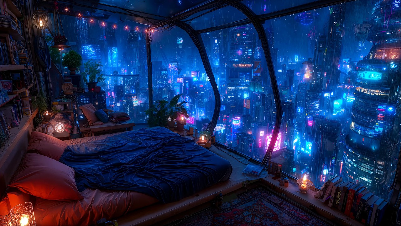 Ambient Cyberpunk - Rainy Highrise Neon Bedroom View | Soothing Rain Ambience & Deep Sleep | 4k
