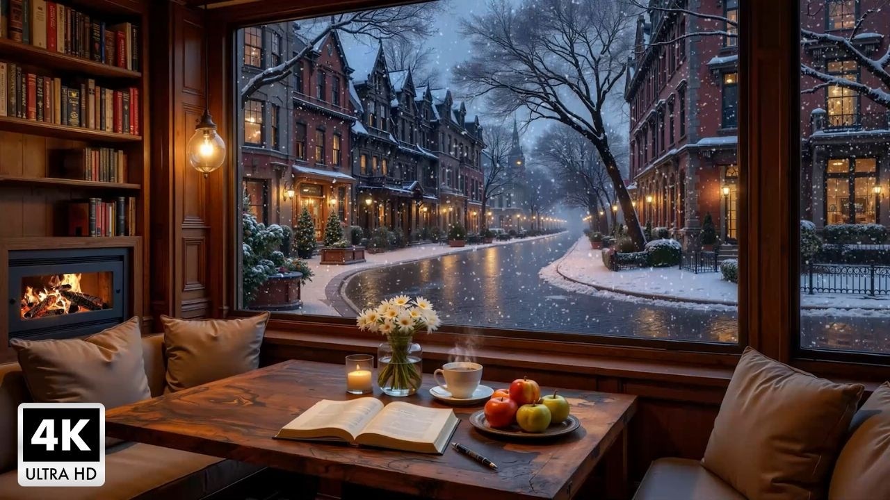 Warm Winter Coffee Shop ~ Soothing Jazz Piano Music and Cozy Fireplace Sounds for Relax, Study
