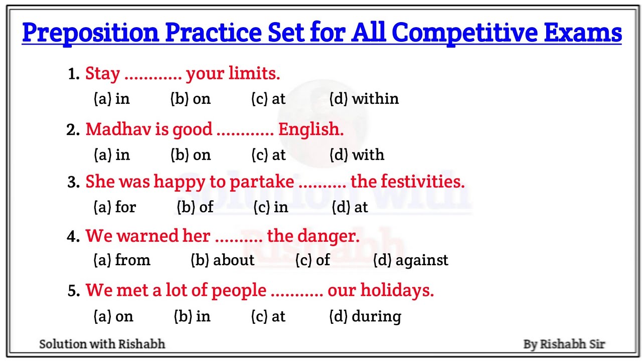 Preposition objective questions Practice set | Preposition exercise in English grammar | Preposition