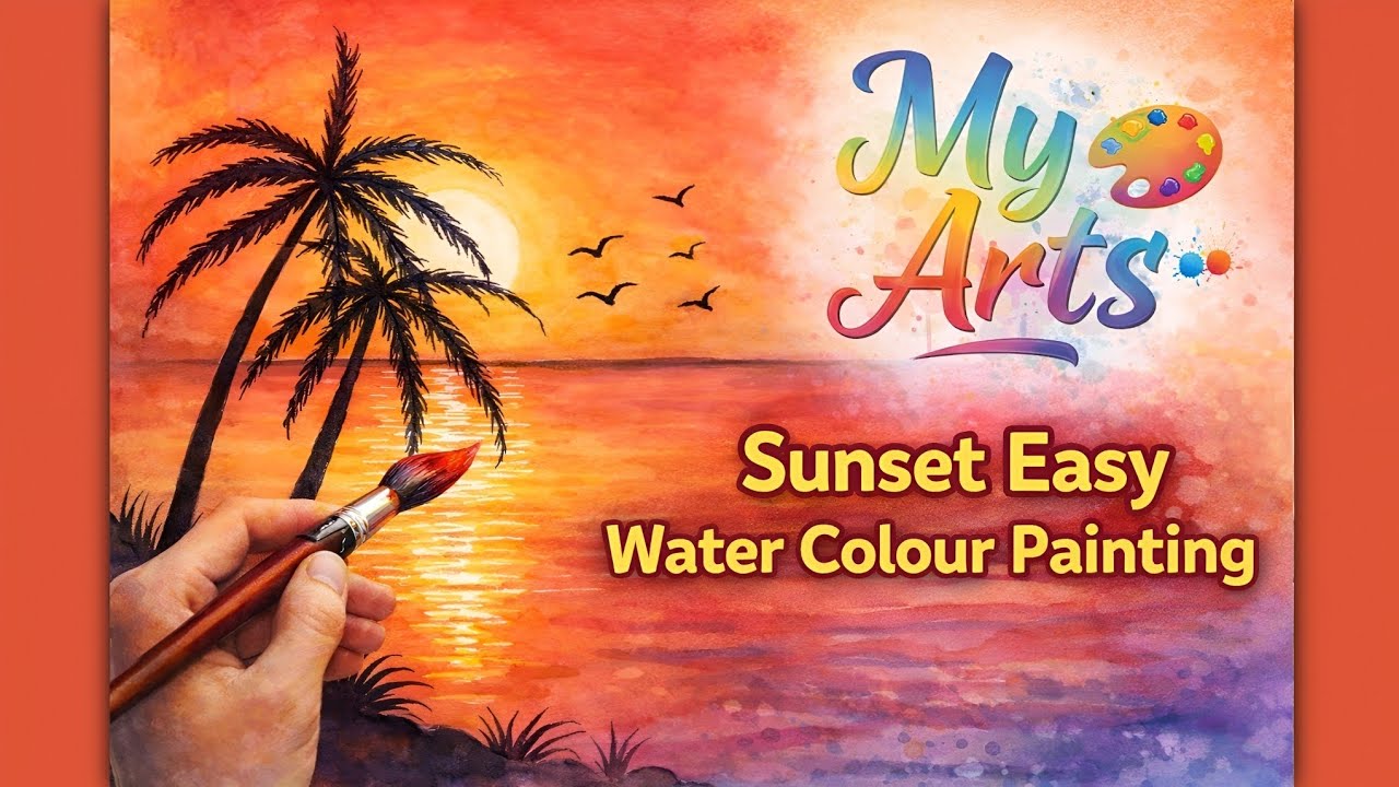 Easy Sunset Watercolor Painting | Beautiful Beach Sunset Painting Step by Step | My Arts 🎨 