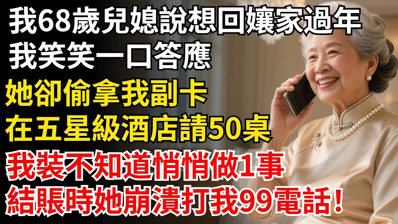 我68歲兒媳說想回娘家過年，我笑笑一口答應，她卻偷拿我副卡，五星級酒店請50桌，我裝不知道悄悄做1事，結賬她崩潰打我99電話！#晚年生活#中老年生活#為人處世#生活經驗#情感故事#幸福人生
