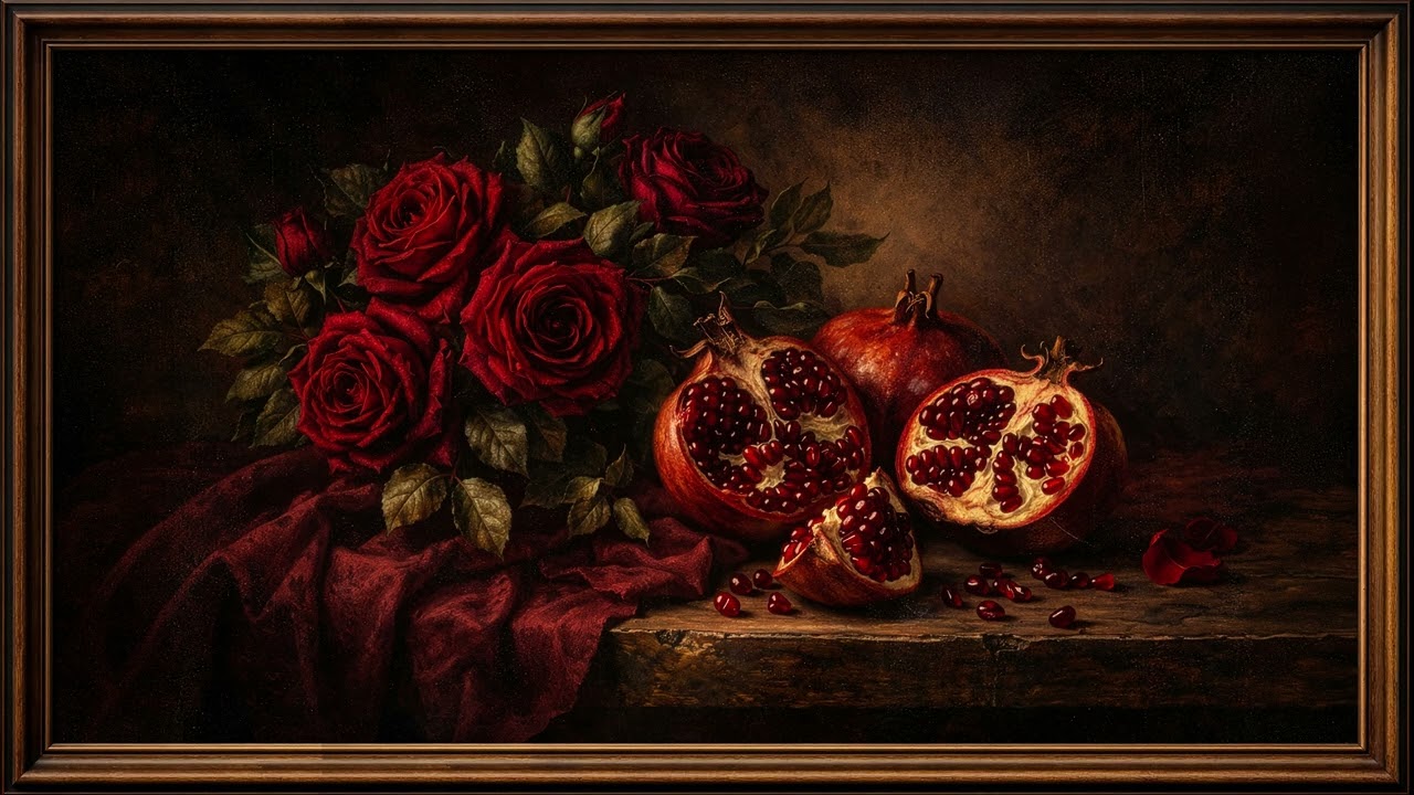 Roses & Pomegranates Baroque Still Life in 4K | Relaxing Art Ambience (2 Hours)