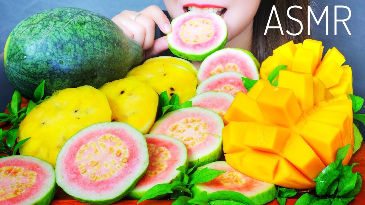 ASMR FRUITS PLATTER (YELLOW WATER MELON, MANGO, GUAVA) EATING SOUNDS | LINH-ASMR