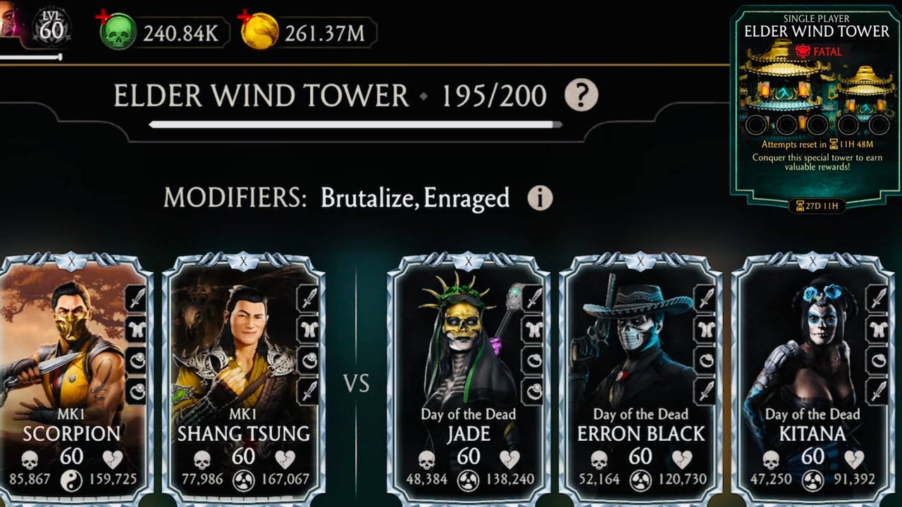 MK1 Team Vs Fatal Elder Wind Tower Hard Battle 190-199 Gameplay MK Mobile