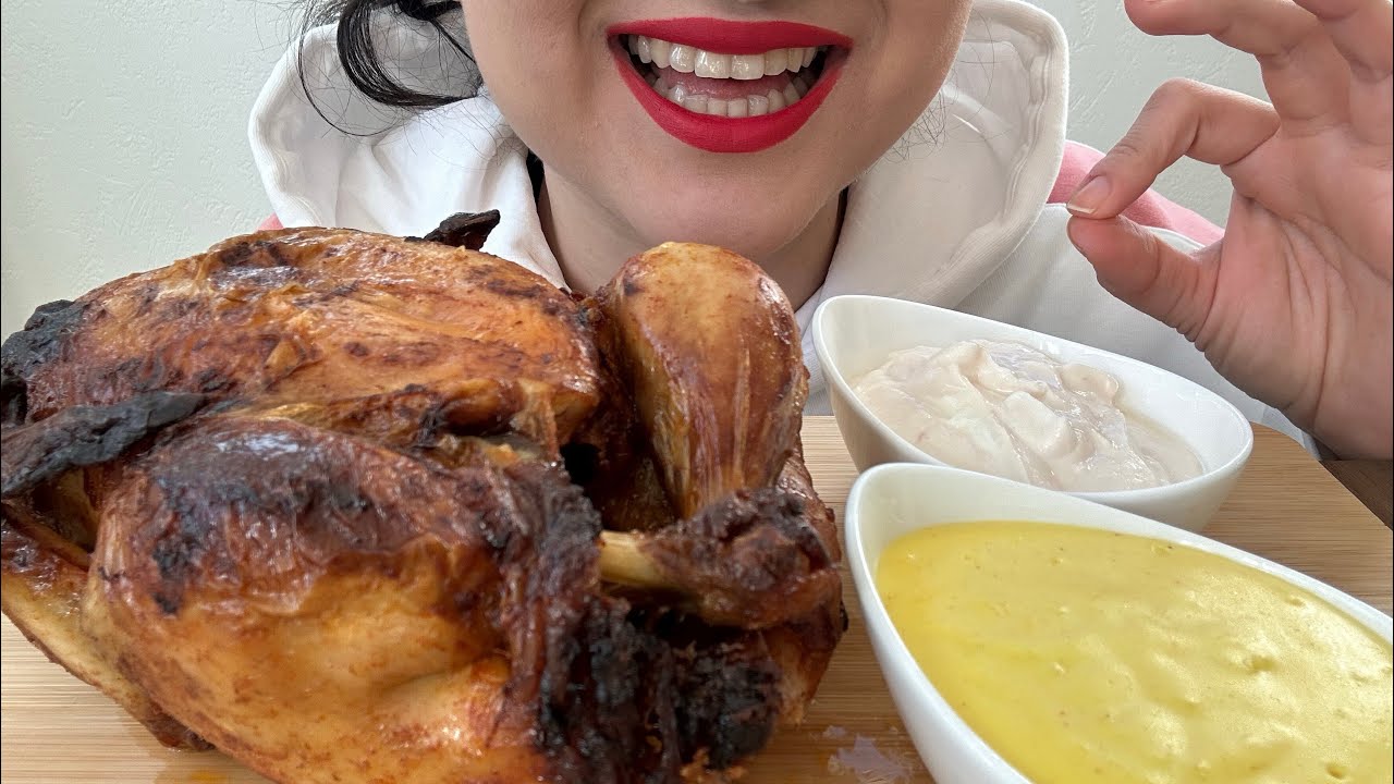 Asmr eating whole rotisserie chicken with garlic & dipp sauce|موکبانگ مرغ کامل بریان با دیپ و سس سیر