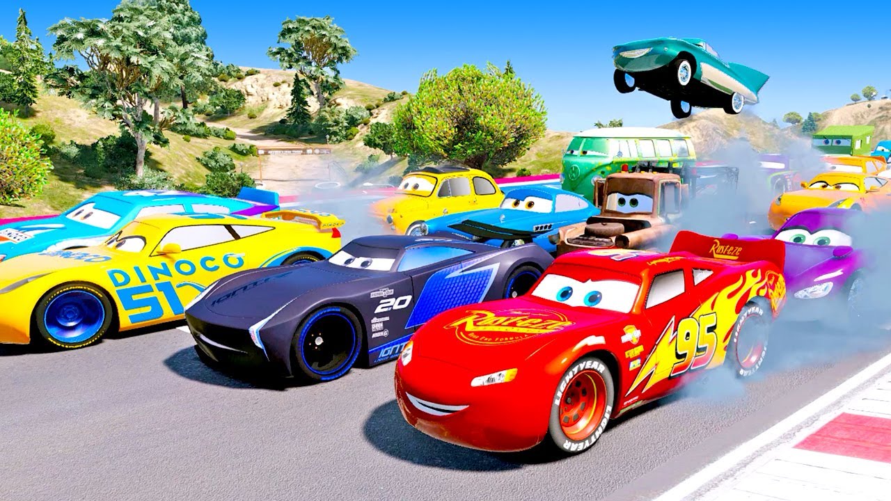 A lot of Cars: Lightning McQueen, Cruz Ramirez Dinoco, Flo, Cal Weathers - Dinoco Family Race Cars