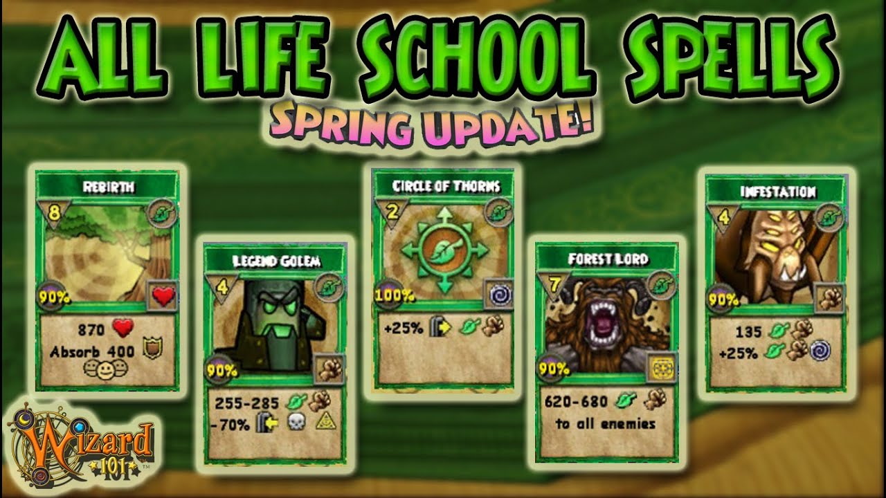 Wizard101: ALL UPDATED LIFE SCHOOL SPELLS Spring 2021