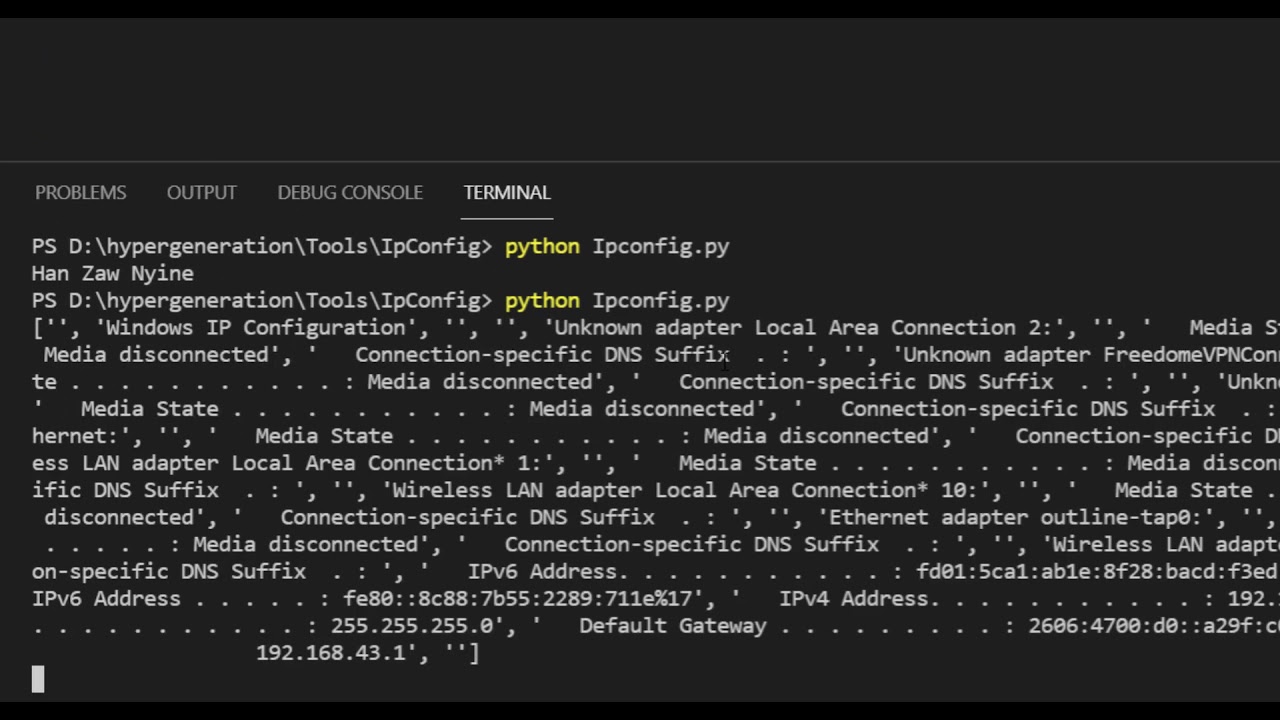Subprocess.check_output, os.system with ipconfig in python