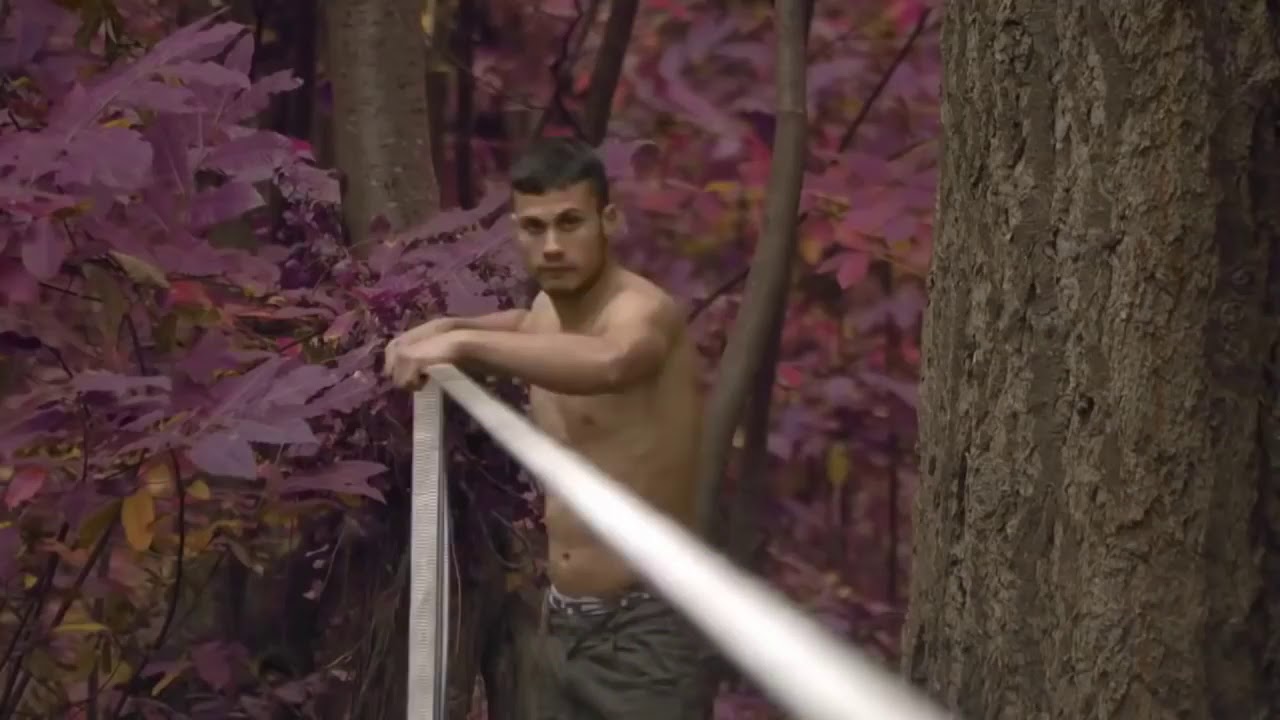 Slackline on violin music deep in the forest