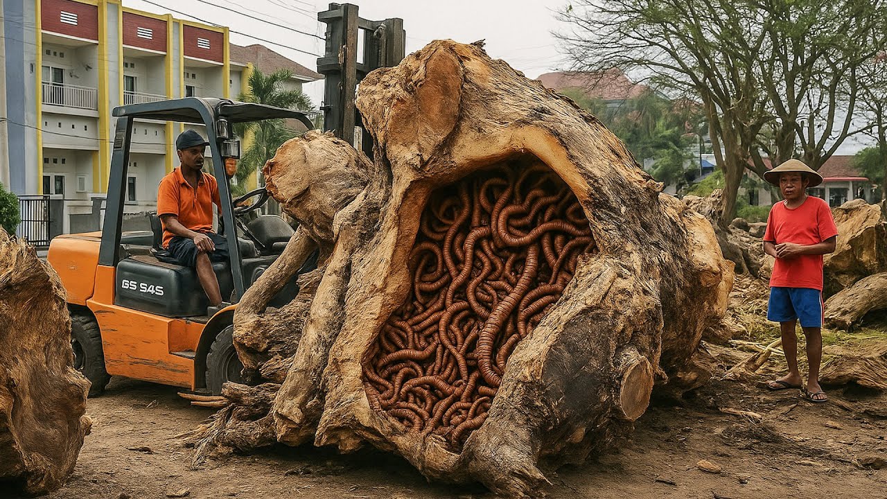 Woodworking Shock ‼ Giant Snake Found Inside Decayed Black Log at Sawmill