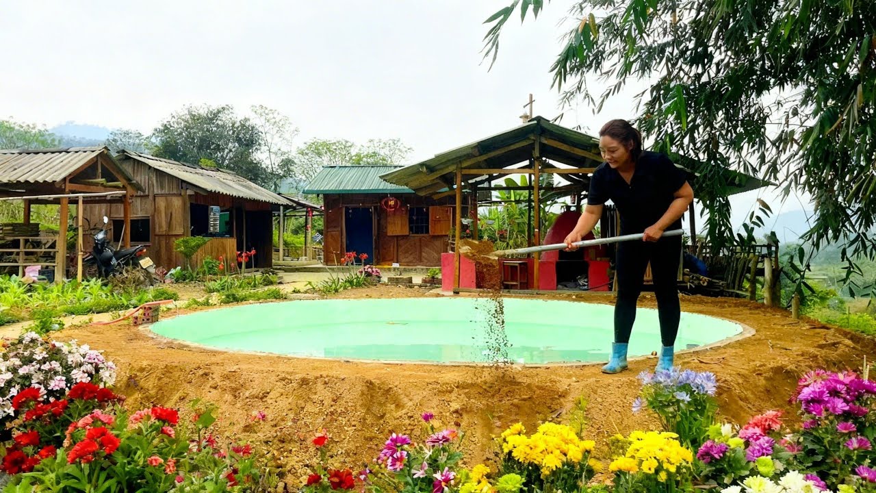 Fill the pond with water - Loosen the soil around the fish pond before sowing flowers.