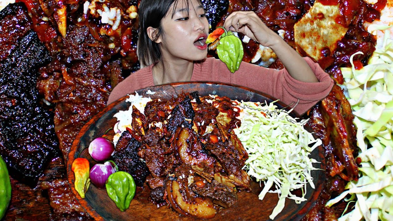 Oily Pork Eating | Rice+King Chilly+Onion+Cabbage|