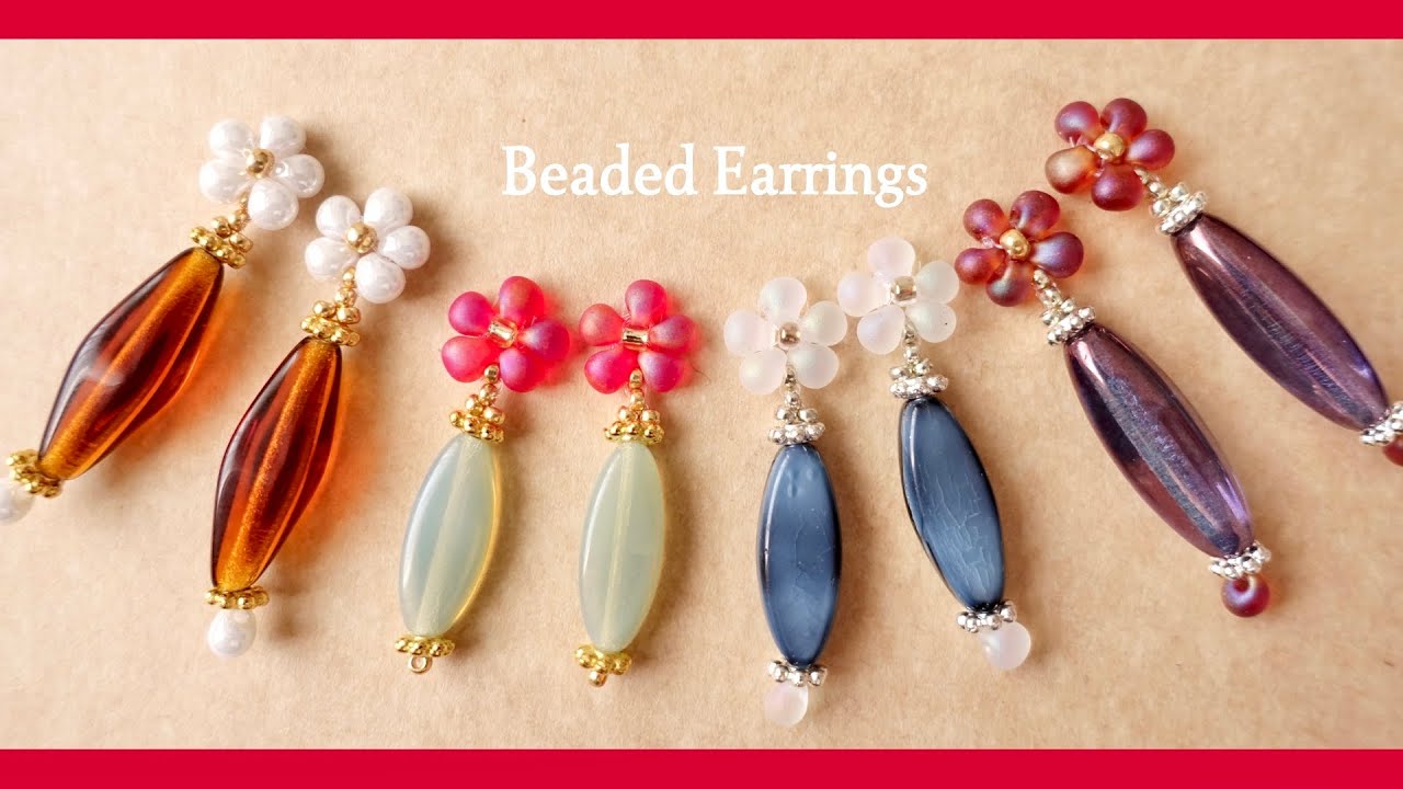 簡単レシピ🌸お花とチェコビーズのピアスの作り方🌸ビーズアクセサリー|テグス編み|フラワーモチーフ|DIY Easy Beaded Flower Earrings Tutorial