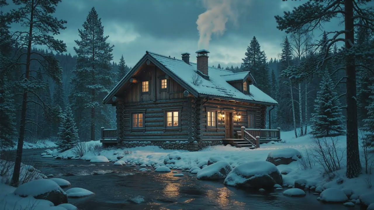 Cozy Winter Cabin by the River in a Snowy Forest | Relaxing Night Ambience for Sleep & Meditation