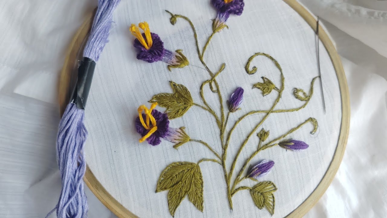 Very easy trumpet flower embroidery 🪡 tutorial ।cast on stitch/button hole stitch/stem stitch 