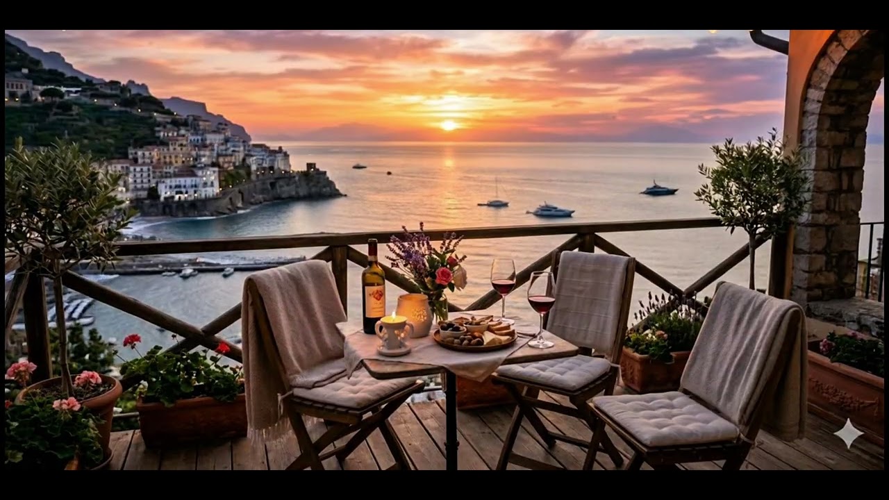 Romantic Seaside Evening 🍷 Sunset Dinner Ambience | Relaxing Ocean View 4K