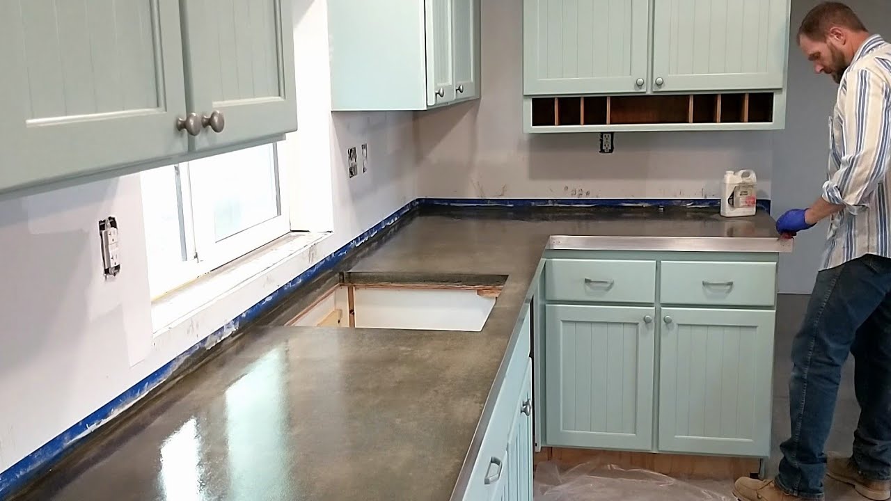 Concrete Countertops Start to Finish | Quikrete Mix, Stone Polish, Metal Trim #46 DIY Off-Grid Build