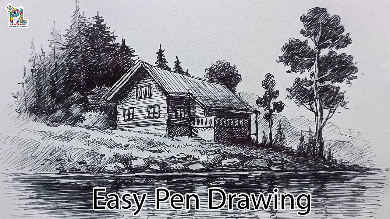 How to draw a River side House with Easy Pen Drawing |  Art with Pen