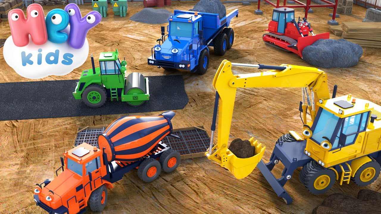 Stavební Vozidla 🚛 Bagr, buldozer, míchačka, nakladač & kamiony pro děti | HeyKids - Dětské písničky