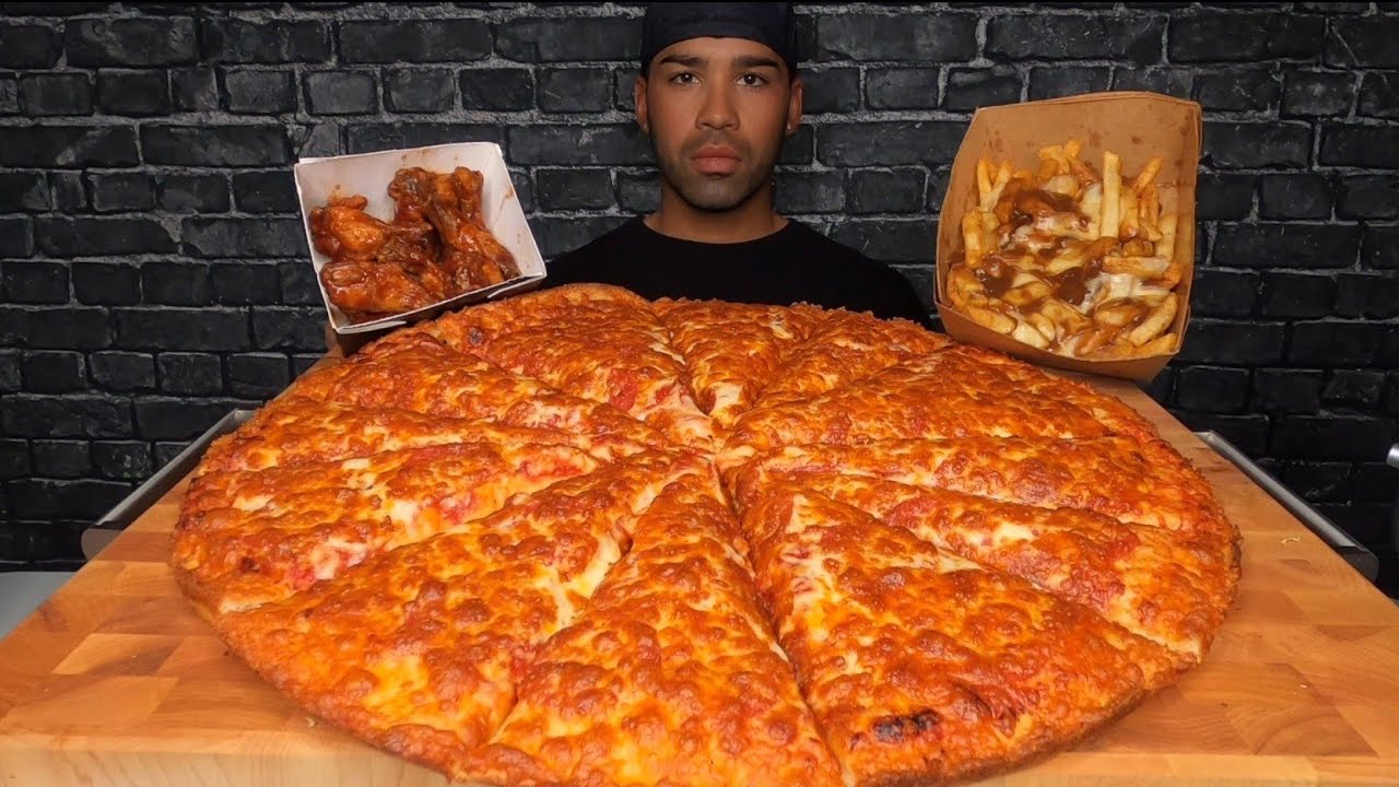 (ASMR) XL DOUBLE CHEESE PIZZA, POUTINE, WINGS MUKBANG
