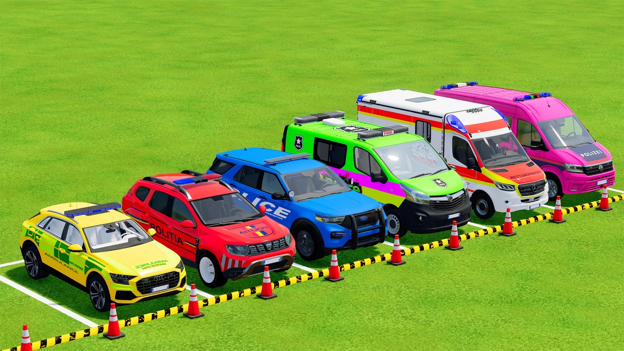 TRANSPORTING POLICE CARS, AMBULANCE, FIRE TRUCK, COLORFUL CARS WITH TRUCK - FARMING SIMULATOR 22 #06