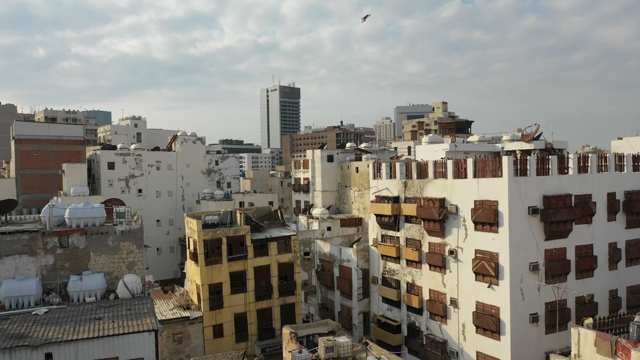 Aerial view of old houses with mashrabiya in al-Balad quarter, Mecca province, Jeddah, Saudi Arabia