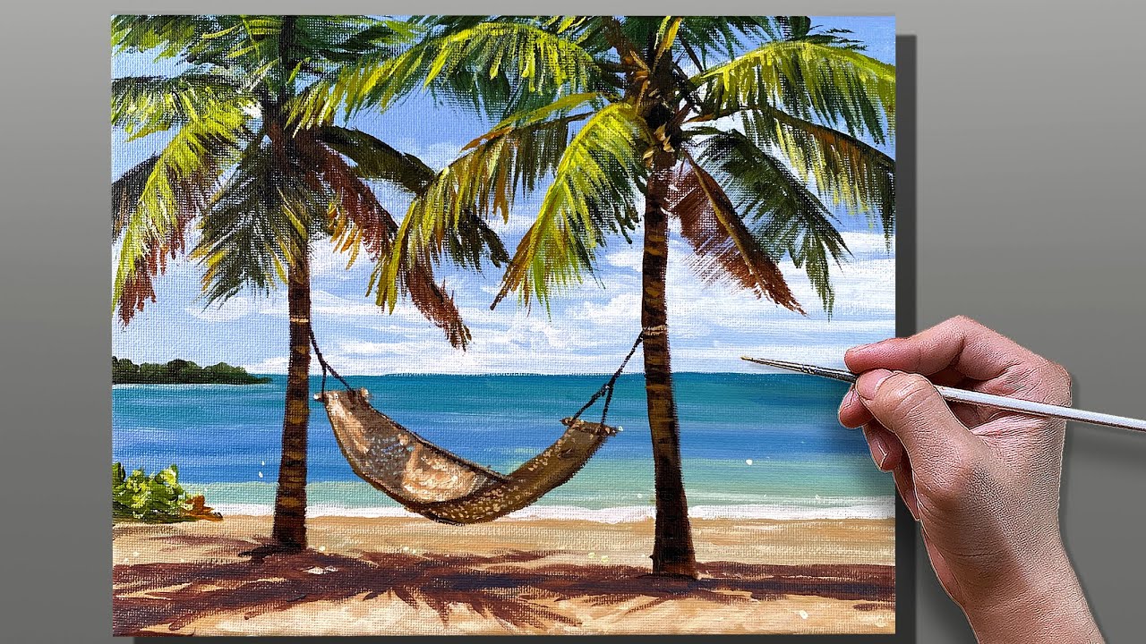 How to Paint Palm Tree Hammock Seascape / Step-by-Step Acrylic Painting / Correa Art
