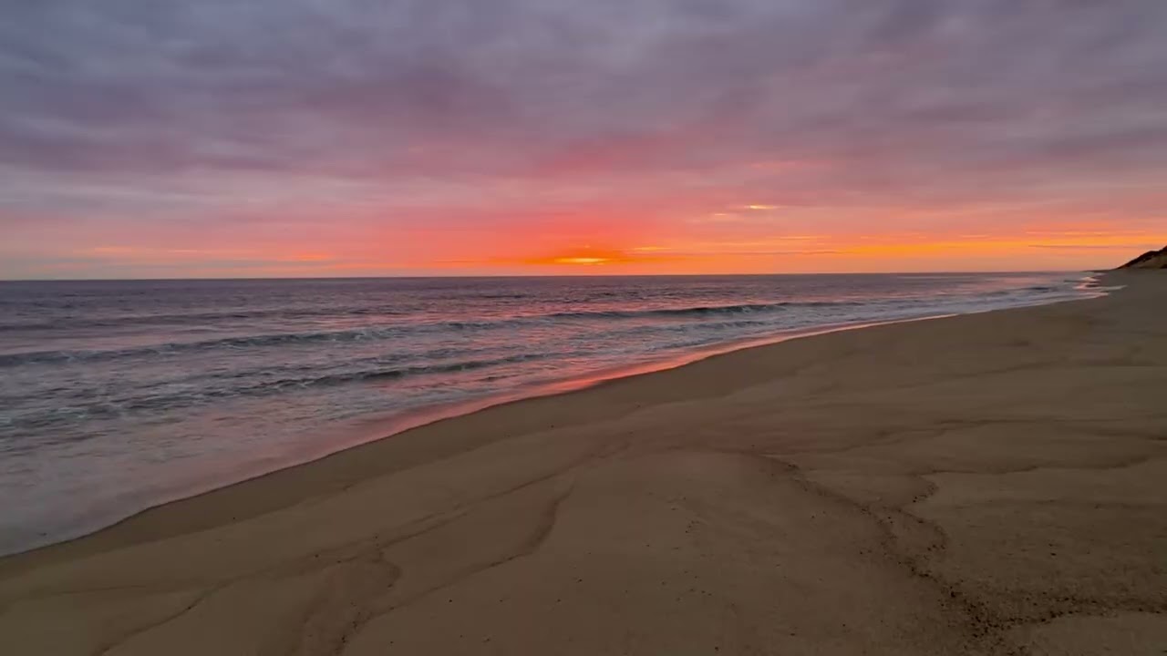 15 minutes of increasingly vibrant winter beach sunrise, peaceful wave sounds, Cape Cod 