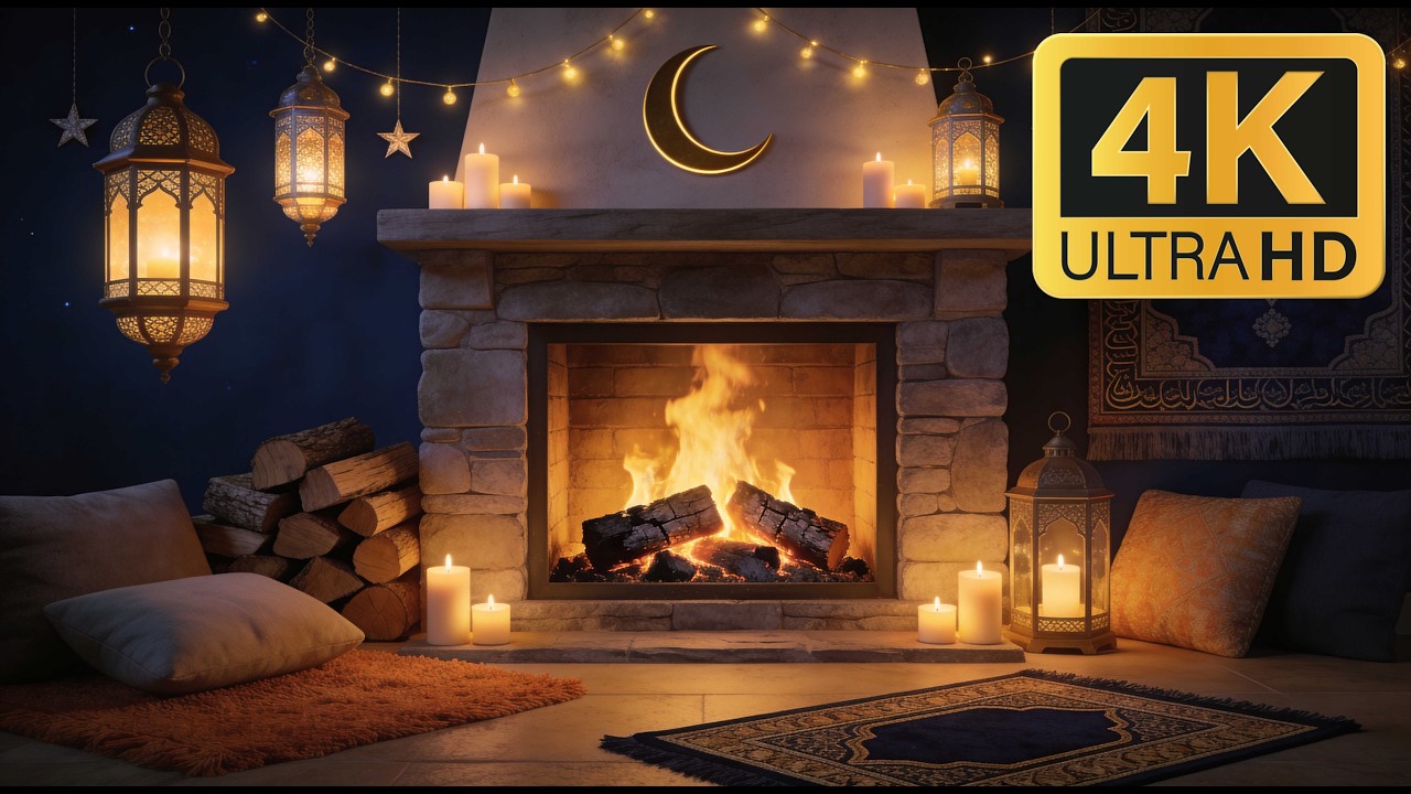 12H Ramadan Night Fireplace 4K 🌙 Lantern Light & Peaceful Crackling Fire (No Music)