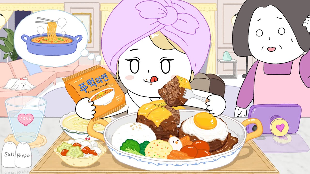 치즈 함박 스테이크 집밥 먹방! -  애니먹방 /  Cheese hamburg steak Mukbang! Animation ASMR /foomuk