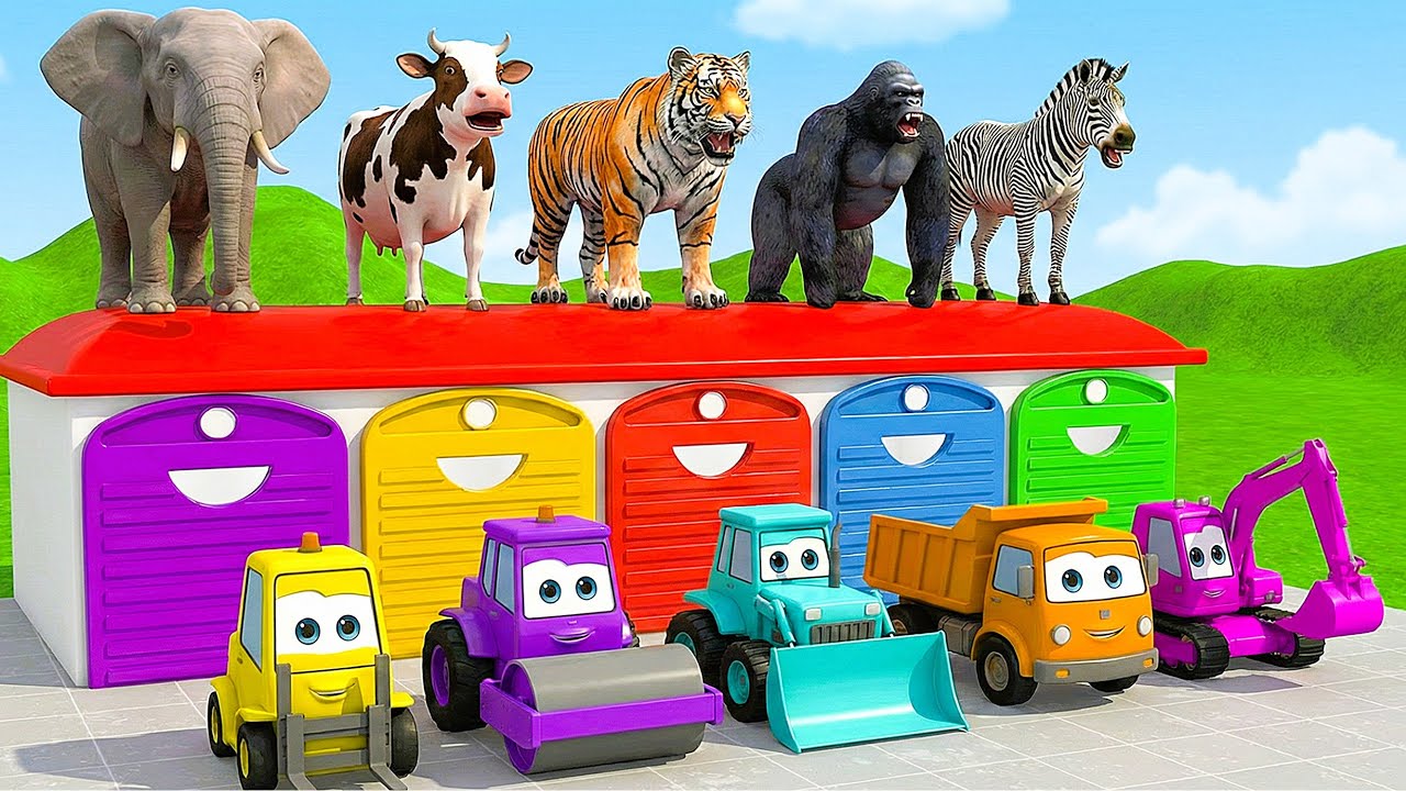 Long Slide Game With Cow Elephant Gorilla Hippopotamus Tiger - 3d Animal Game - Funny 3d Animals