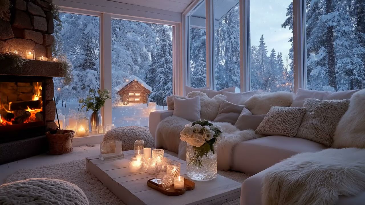 🏠 Modern White Lounge | Piano Melodies & Snowing Outside (5 Hours) | Focus Study Comfort Meditation
