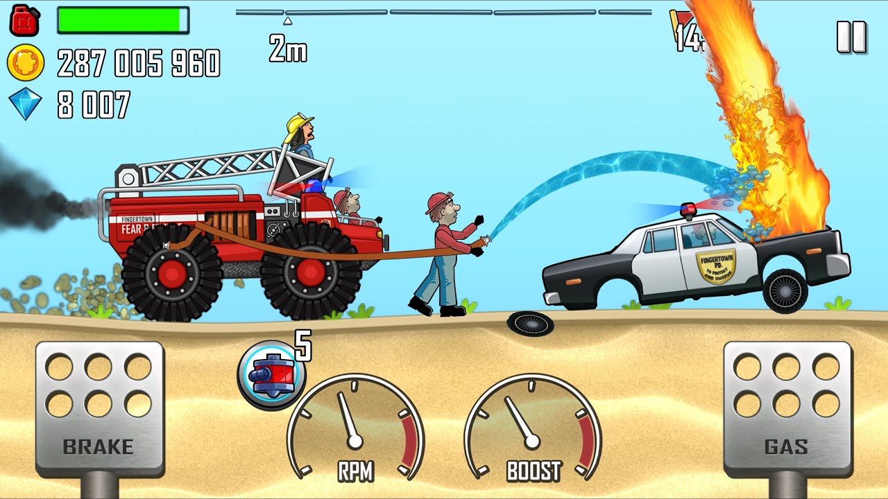 Hill Climb Racing - FIRE TRUCK in Beach Big Fire on POLICE CAR - GamePlay