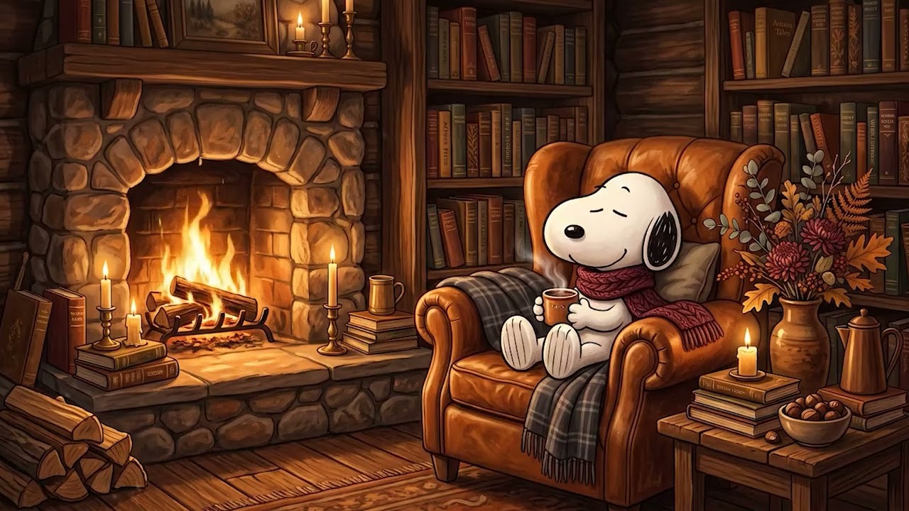 Cozy Autumn Jazz with Snoopy 🍂 Relaxing Fireplace Ambience for Reading, Study & Sleep
