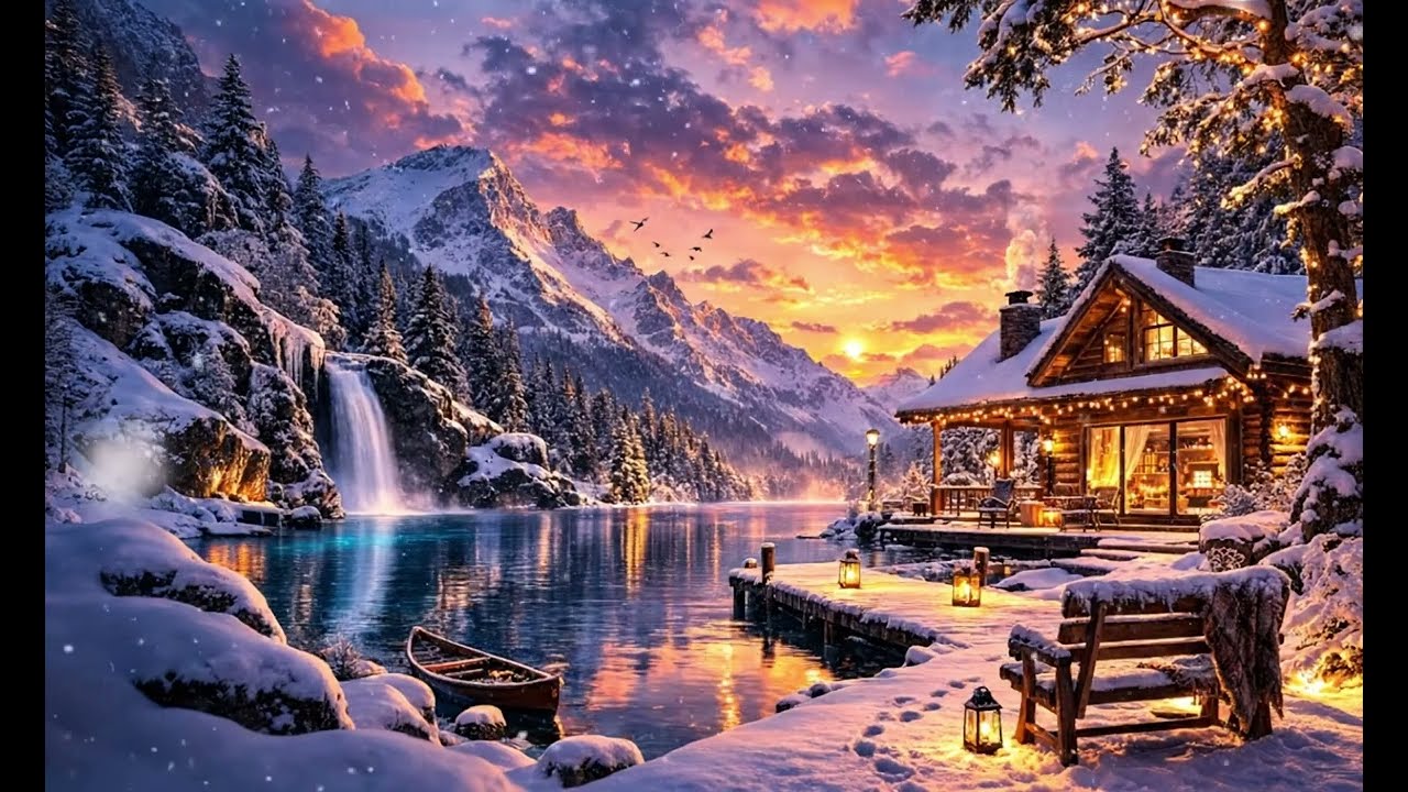 2.5 hours Of Pure Relaxation In A Snowy Cabin In The River🏔️​ Sleep Music, Relaxation, Study​🌅​❄️​