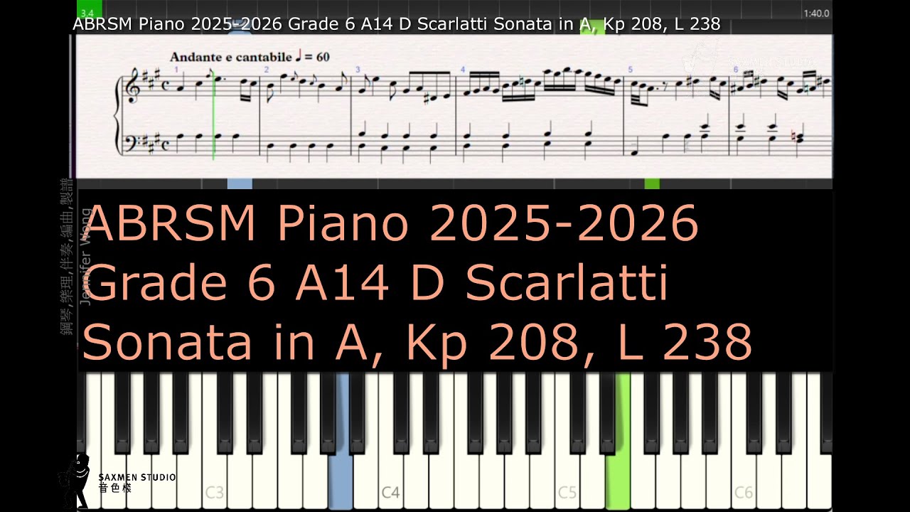 ABRSM Piano 2025 2026 Grade 6 A14 D Scarlatti Sonata in A, Kp 208, L 238