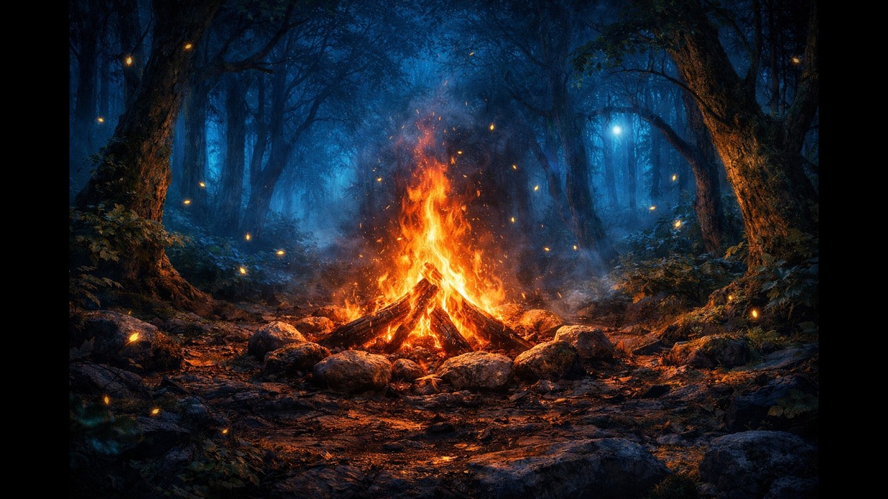 Enchanted Forest Campfire Ambience 🔥 | Relaxing Fantasy Music & Night Sounds (3 Hours)