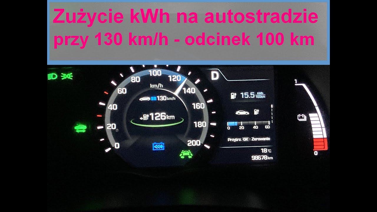 Zużycie autostradowe Hyundai Ioniq 28 kWh (śr. prędk. 130 km/h): Kraków - Brzesko - Kraków