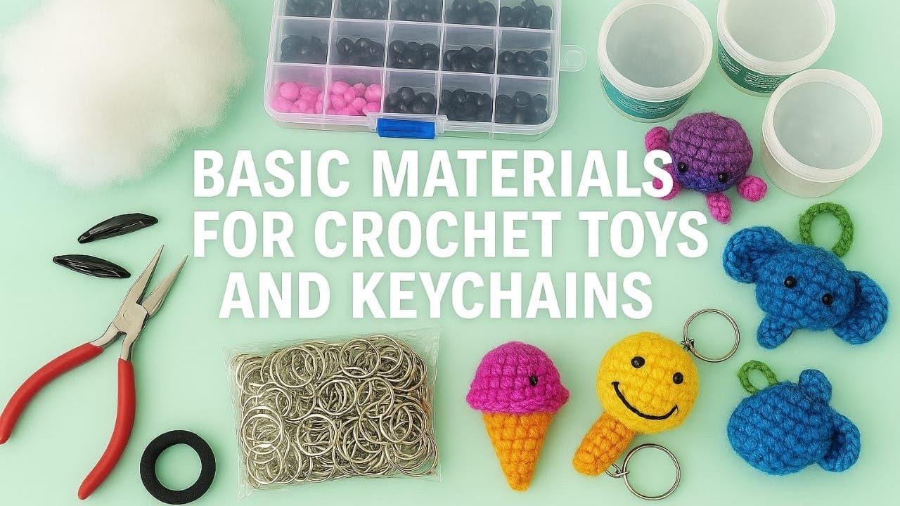 Basic materials for crochet toys and keychains.