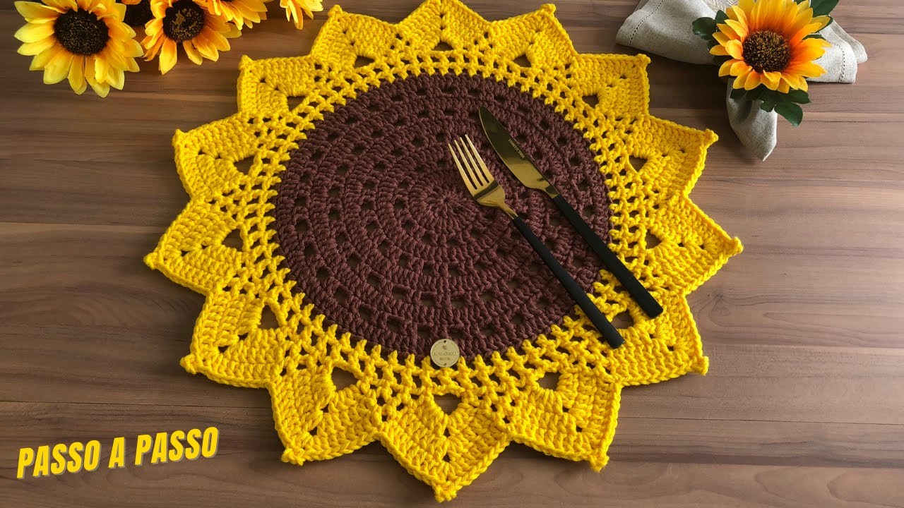 Passo a passo Sousplat GIRASSOL (Técnica Nova) - Jogo Americano Redondo de Crochê - Crochet Tutorial
