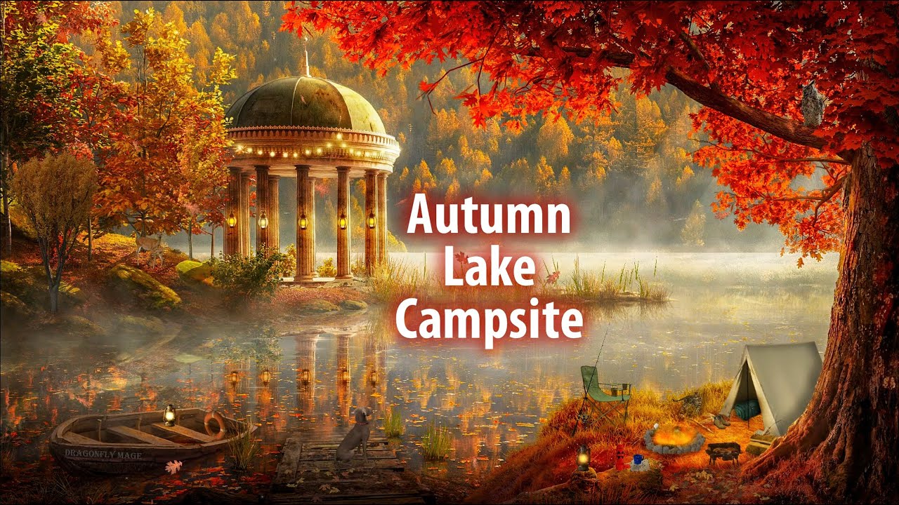 Autumn Lake Campsite 🍂 ASMR Ambience (fire, water, sizzling, rustling, camping sounds)