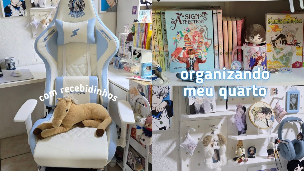 organizando meu quarto: com recebidinhos | cadeira gamer, merch de anime, manhwa bl e +