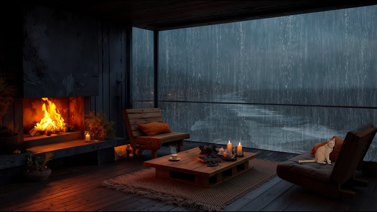 Stormy Rain Outside a Warm Room | Soft Piano and Fireplace Sounds for Calm Sleep