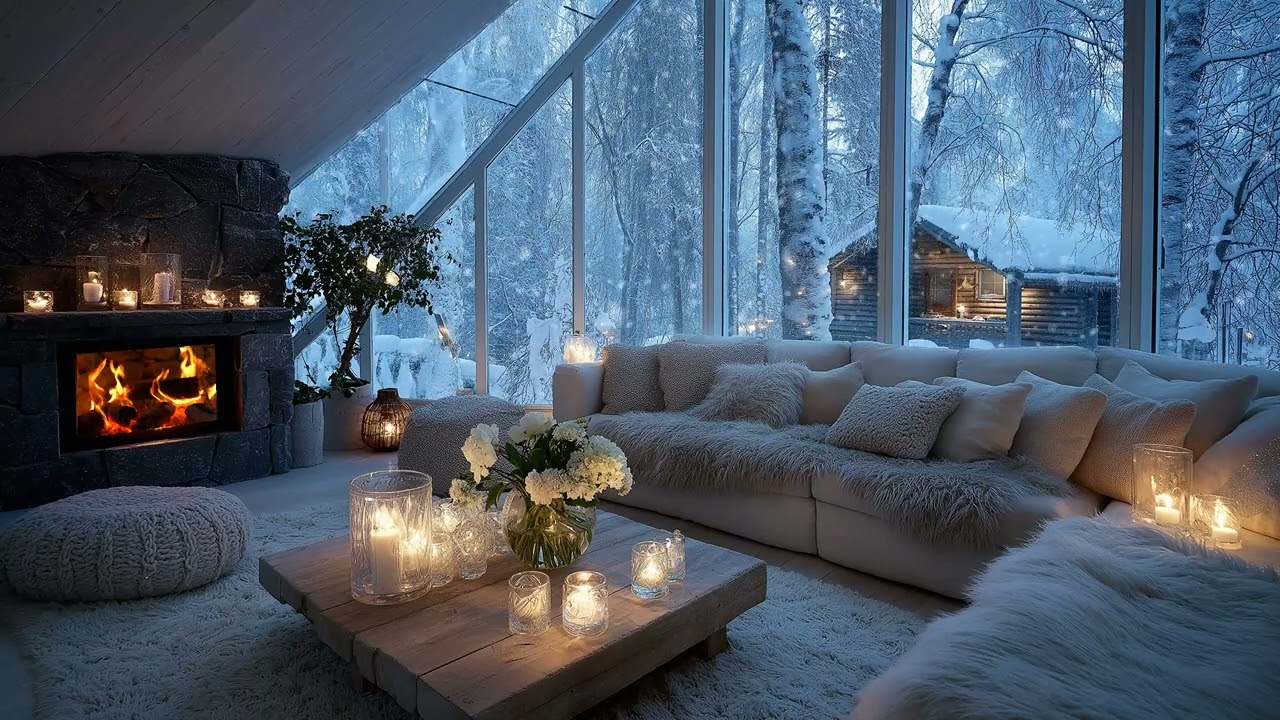 🔥🌸Cozy Snowy Piano Lounge | White Room Flowers & Fireplace | Calm Mind Deep Sleep Study Work Healing