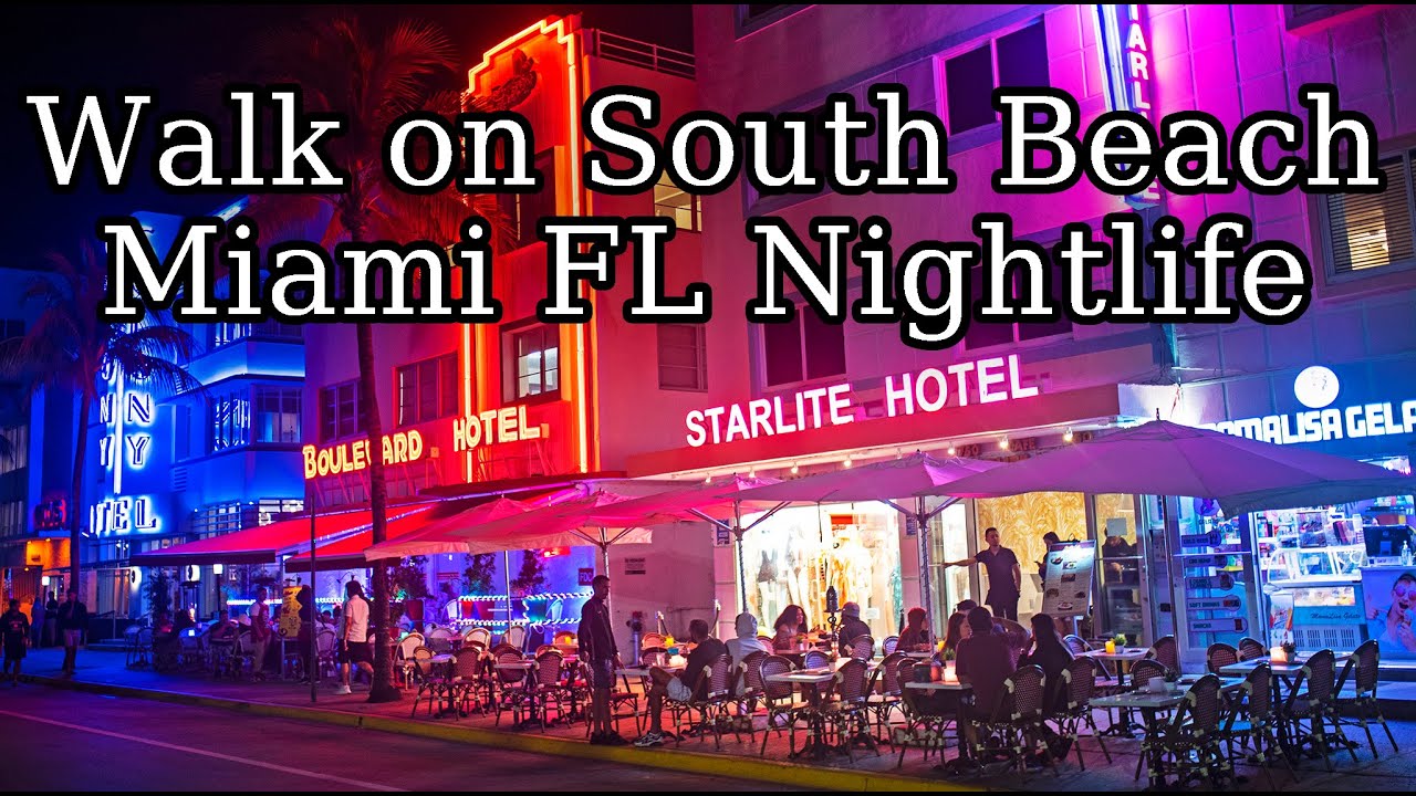 Miami FL South Beach Nightlife. Walking Ocean Drive and the Art Deco district.